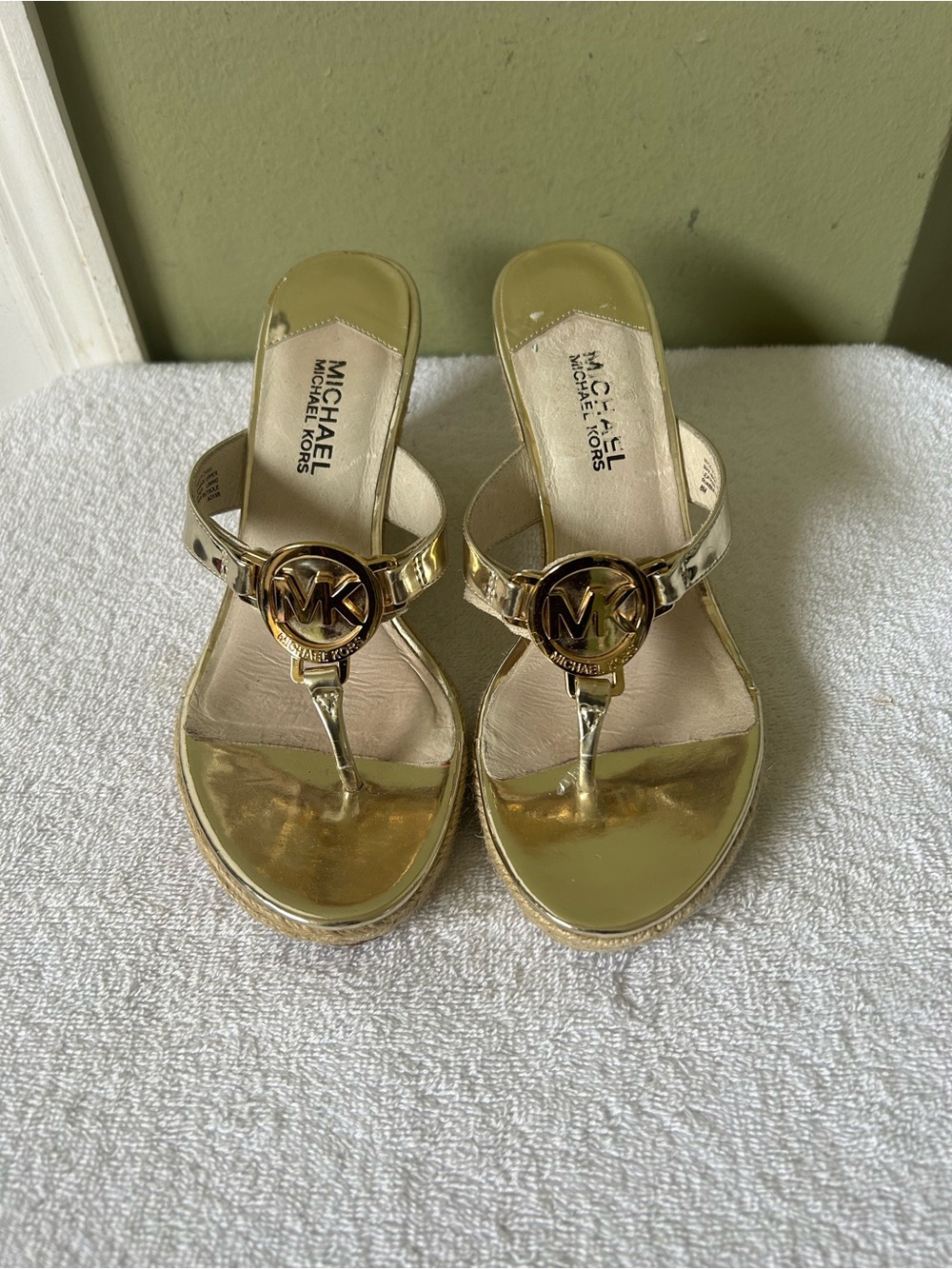 Michael Kors Metallic Gold MK Logo Thong Wedge Sandals